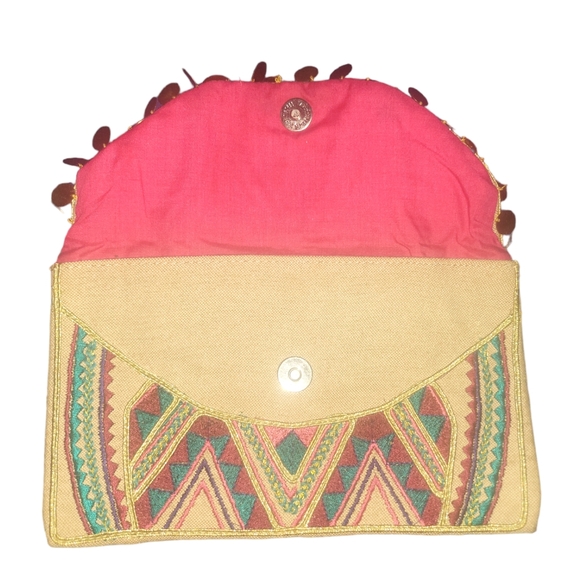 Embroider Geo Linen Clutch 9.5 x 6 Coin Trim Pink Interior By Limited Editn - Picture 2 of 4